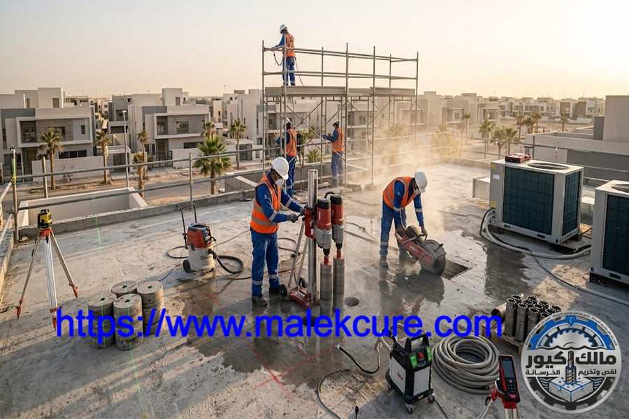 تخريم خرسانة للكهرباء والسباكة حي العزيزية مكة المكرمة بدون تكسير باستخدام الكور الماسي بدقة عالية